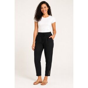 Black Cotton Blend Drawstring Cropped Pants with Button Hem Detail Size M/S